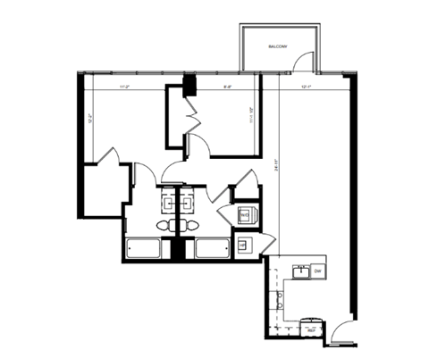 Floor plan for 2 beds, 2 baths, 1115 sqft